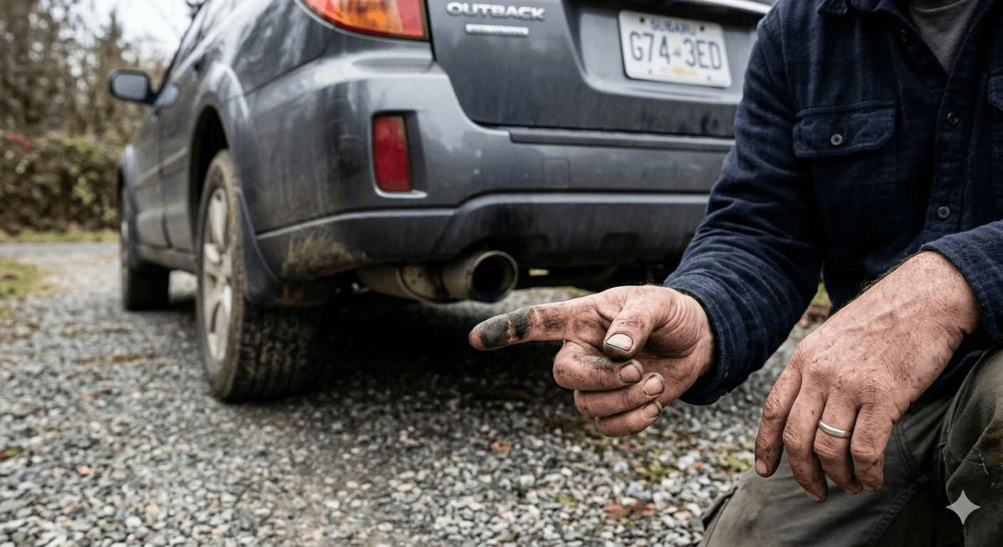 Deget murdar cu depuneri negre uleioase din teava de esapament - motor arde ulei